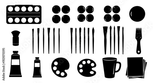 Black silhouette art supplies on white background including paints brushes palette cup napkins salt and pepper shakers