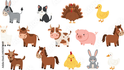 Set of cute farm animal characters including donkey, turkey, duck, alpaca, cow, pig, horse, goat, and chicken in a flat vector illustration style.
