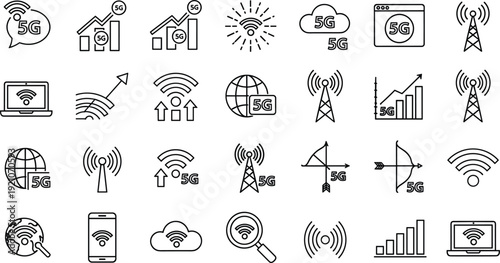 5G Network Technology Line Icons Set Wireless Communication Signal Internet Connectivity Vector Illustration