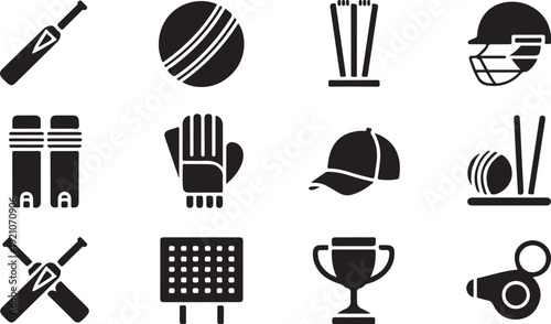 Set of black cricket icons on white background illustrating various equipment and accessories used in the sport including bats, balls, gloves, helmets, and trophies in a simple graphic design style.