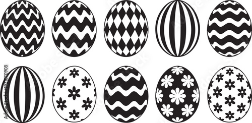 Set of ten easter eggs with unique black and white patterns and designs in vector graphic illustration