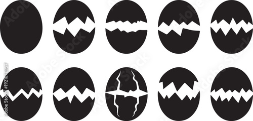 Set of black eggs cracking open with white interior in various stages of illustration design
