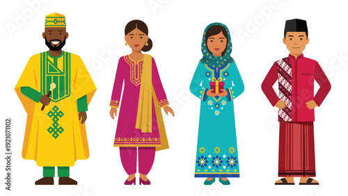 Diverse Global Muslim Traditional Eid Fashion Character Set