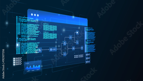 AI workflow automation artificial intelligence. ai agent workflow diagram dashboard machine learning with data flow process, coding and automation system.