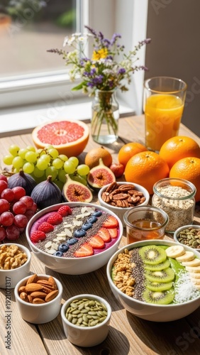 Smoothie bowls on wood table near window, nutritious toppings, nuts, seeds, fruit, breakfast scene, healthy eating, morning light, vibrant colors.