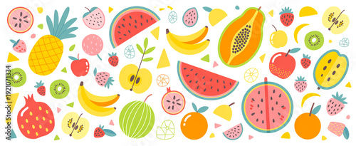 A vibrant, colorful illustration of various fruits arranged in a scattered pattern against a white background.