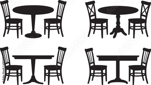 Collection of vector graphic illustrations featuring different table and chair sets in various designs and configurations for dining or meeting spaces.