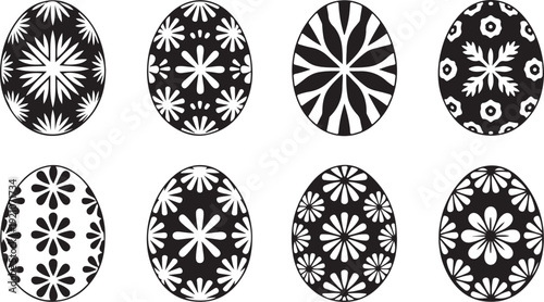 Collection of black and white easter eggs with unique floral designs and patterns in vector graphic illustration perfect for easter holiday decorations and designs