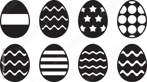 Black and white easter eggs illustration with various patterns and designs for holiday celebration and decoration