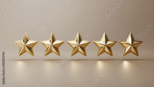 Five gold stars aligned in a row on a beige surface with subtle lighting.