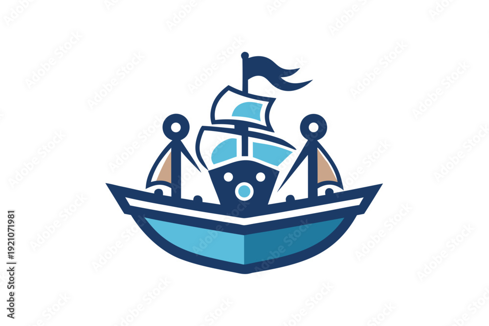 Naklejka premium A minimalist vector graphic illustration of a sailing ship with a flag on a white background