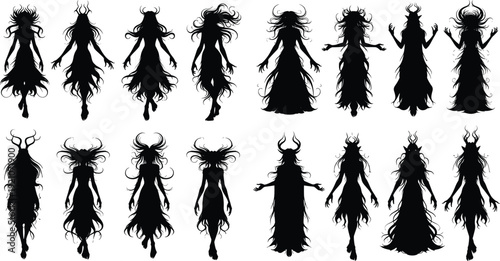 Dark goddess silhouette vector set, mystical fantasy female figures, occult witch silhouettes, gothic priestess, mythical horned spirits, ethereal shadows, pagan ritual.