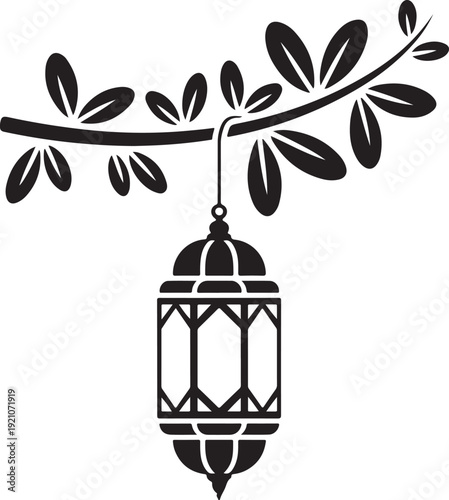Elegant vector illustration of a traditional lantern hanging from an olive branch symbolizing peace and serenity in a simple yet sophisticated design concept