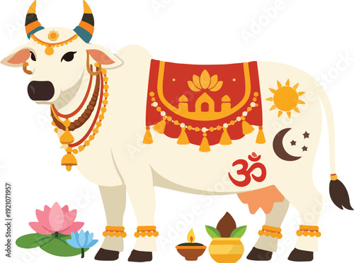 Sacred Cow Symbolic Hindu Concept Flat Vector Illustration featuring Venerated Zebu with Decorative Ornaments for Indian Culture and Spirituality Design