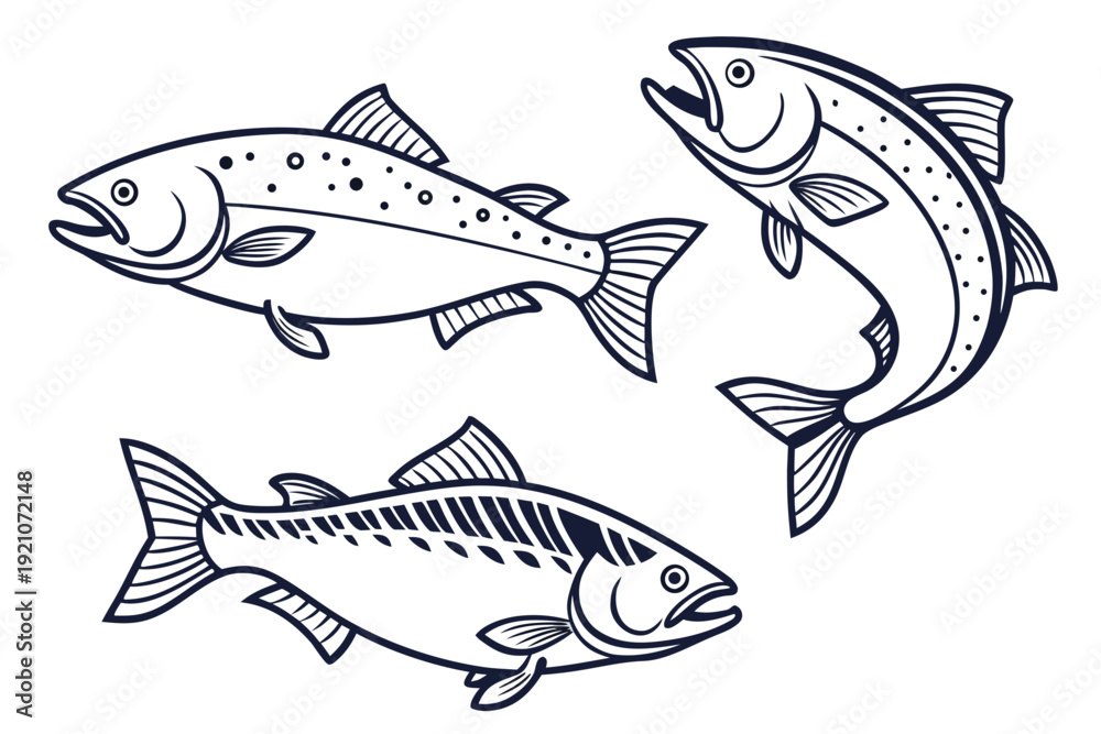 Fototapeta premium A vector graphic illustration of three fish swimming together in a minimalist line art style