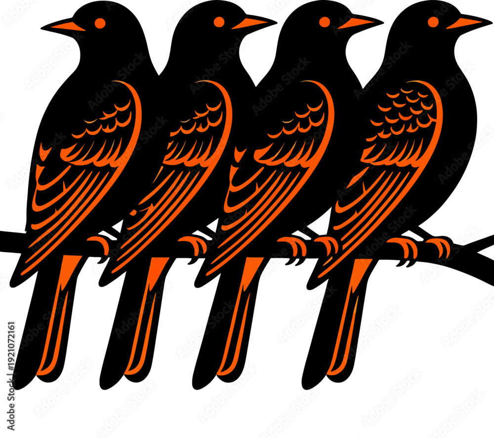Fototapeta premium Black And Orange Birds Sitting Together