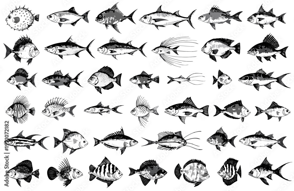 Fototapeta premium A collection of various fish species illustrated in black and white vector graphics