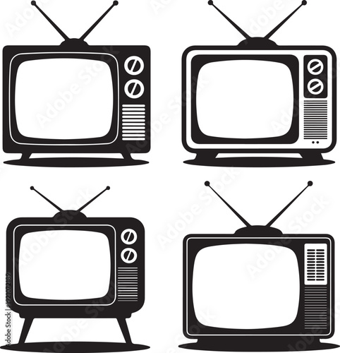 Vector graphic illustration of vintage tv sets with antennas in various designs showcasing retro television technology and classic entertainment systems in different styles and configurations