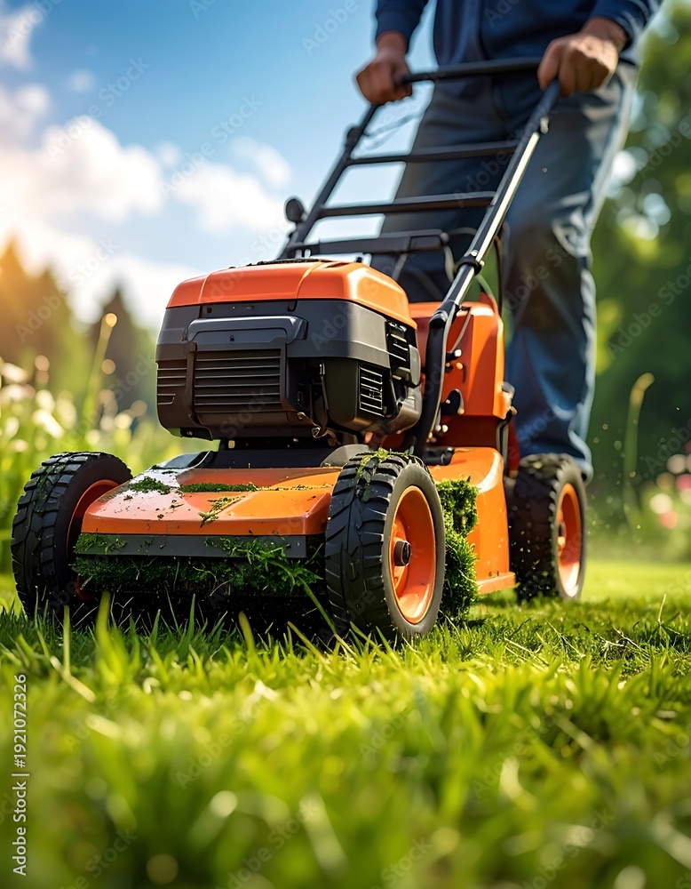 Obraz premium Person operating orange lawnmower on green grass. Bright sunlight shines from above, trees blurred in background