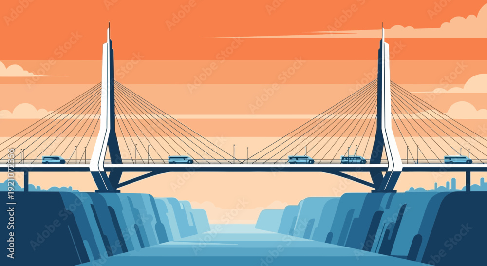 Fototapeta premium Modern Cable-Stayed Bridge Over River with Cars and City Skyline