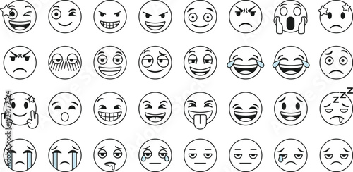 Emoji expression face collection, set of various funny cartoon emoticons with different emotions, happy sad angry crying vector illustration icons