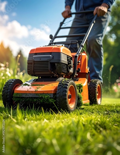 Person operating orange lawnmower on green grass. Bright sunlight shines from above, trees blurred in background