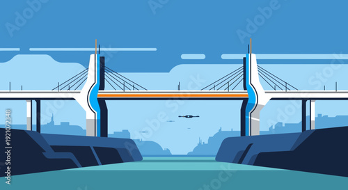 Modern Cable-Stayed Bridge Over Blue River, Cityscape Background, Clear Sky