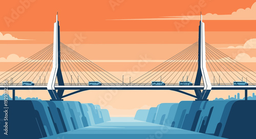 Modern Cable-Stayed Bridge Over River with Cars and City Skyline