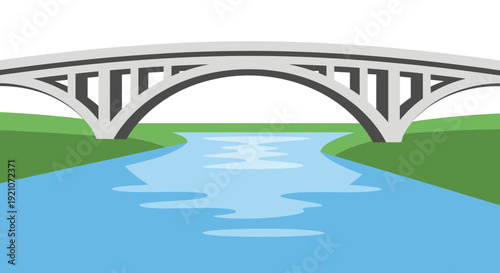 Modern Concrete Arch Bridge Over Blue River with Green Banks