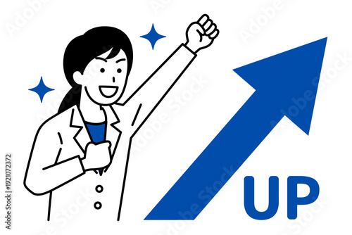 上昇する矢印とガッツポーズで喜ぶ医師の女性