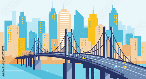 Modern Cityscape with Suspension Bridge and Skyscrapers, Urban Skyline Illustration