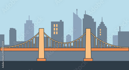 Modern Suspension Bridge Against City Skyline Silhouette