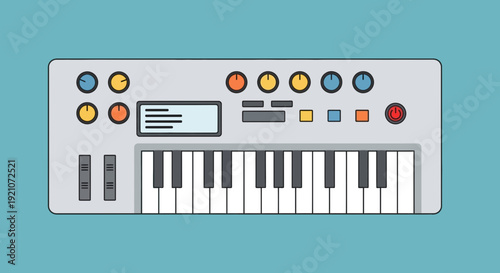 Modern Synthesizer Keyboard with Colorful Knobs and Buttons, Electronic Music