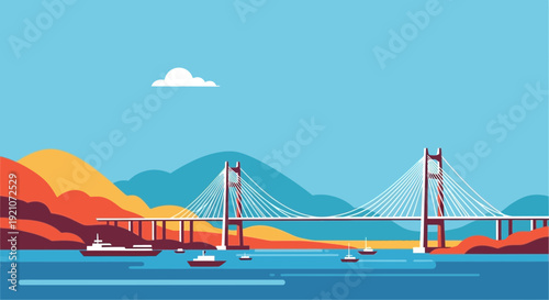 Modern Suspension Bridge Over Water with Ships and Mountains
