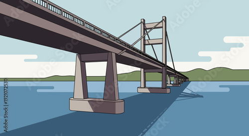 Modern Suspension Bridge Over Blue Water, Minimalist Style, Travel and Infrastructure