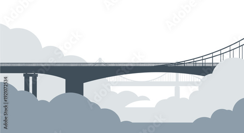 Modern suspension bridge silhouette emerging from clouds, minimalistic design