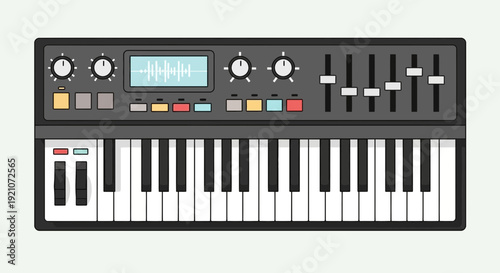 Modern Synthesizer Keyboard with Sequencer and Faders