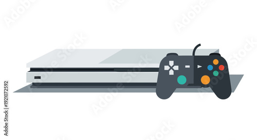 Modern video game console and controller, flat design, isolated on white background.