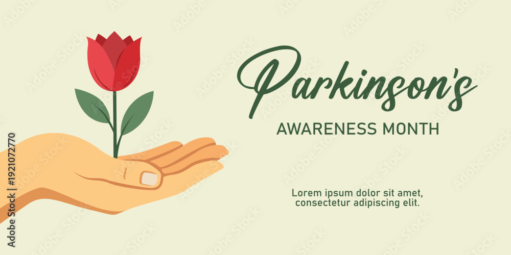 Fototapeta premium Parkinsons Awareness Month banner. flat illustration of a hand holding a red tulip. Clean concept symbolizing hope, support, and Parkinson’s awareness.