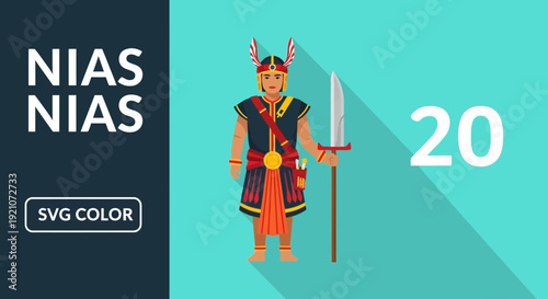Nias Warrior Illustration, Traditional Indonesian Costume, Flat Design