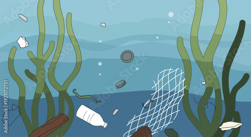 Ocean Pollution: Plastic Bottle, Net, and Debris Among Seaweed
