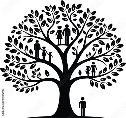 Family tree silhouette vector set, genealogy ancestry chart with people icons, life tree growth, unity community, heritage, lineage, relatives, roots.