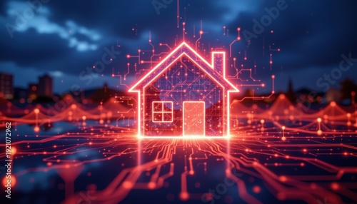 Digital glowing house icon with circuit board elements representing smart home technology.