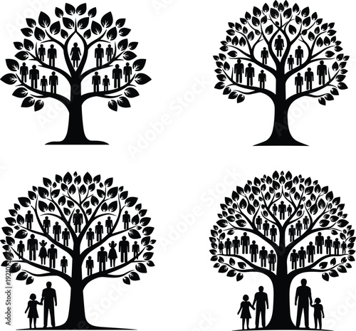 Family tree silhouette collection with human figures, genealogy heritage icons set, ancestral roots community concept, black nature vector illustration design