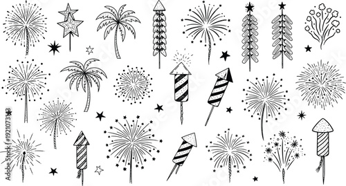 Fireworks and firecrackers vector set, celebration sparkles, rocket crackers, palm tree firework, festive party elements, new year event, sparkles, celebratory.