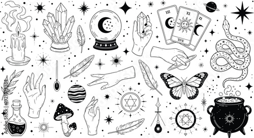 Mystical celestial witchcraft vector set, occult esoteric elements, magic crystal ball, tarot cards, snake, potion bottle, moon stars, celestial alchemy, bohemian.