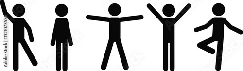 Stick figure people silhouette vector set, various body poses and gestures, happy standing figures, simple human icons, unity, diversity, motion.