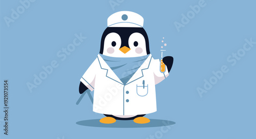 Penguin Doctor Wearing Medical Coat and Cap.