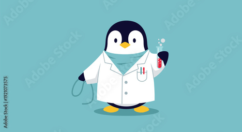 Penguin Doctor Wearing Lab Coat and Mask.