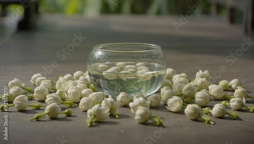 Jasmine Flower Water in Glass Bowl, Spa Aromatherapy and Natural Fragrance Concept